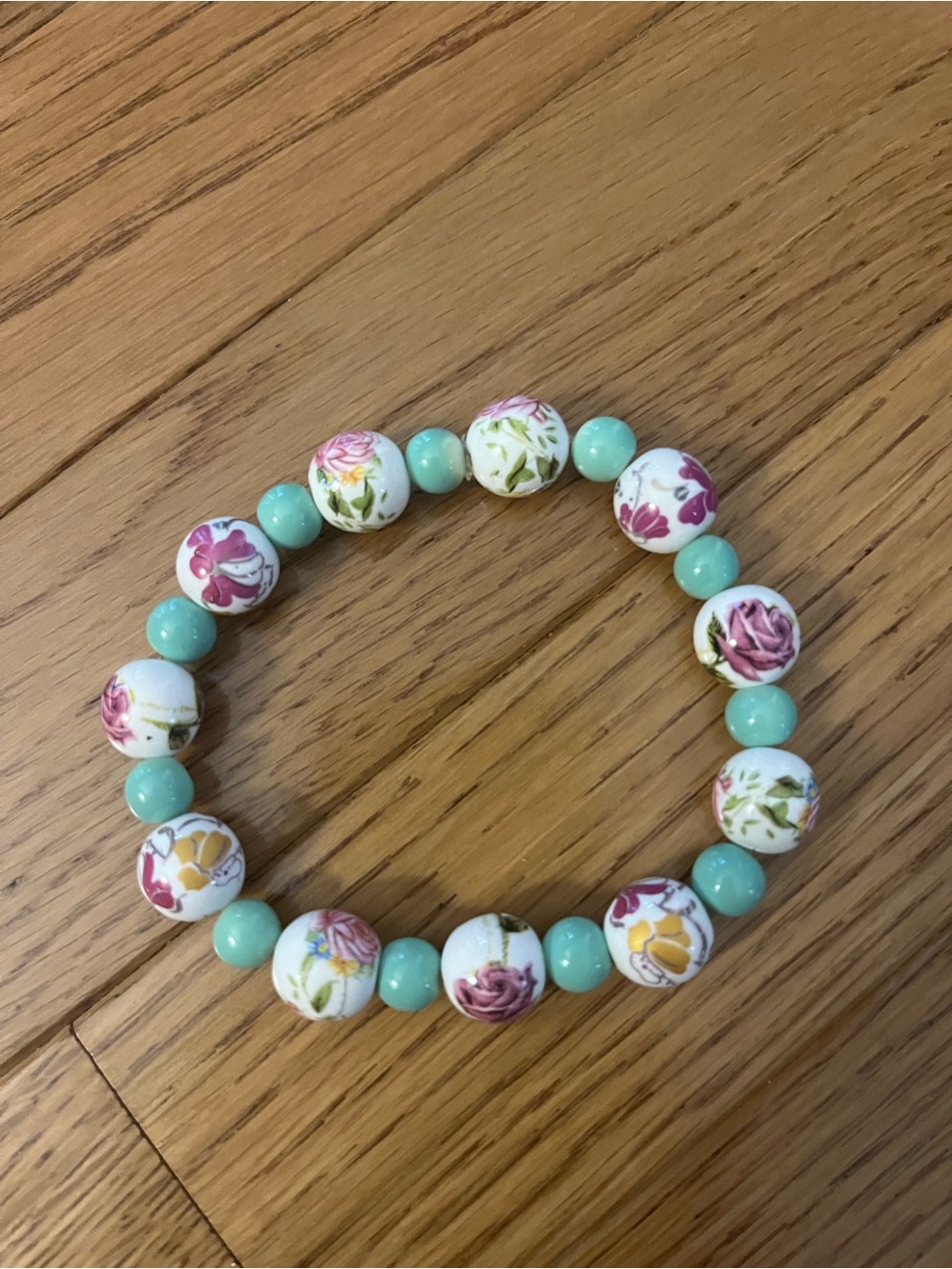 Floral Porcelain Bead Stretch Bracelet in Mint and Rose